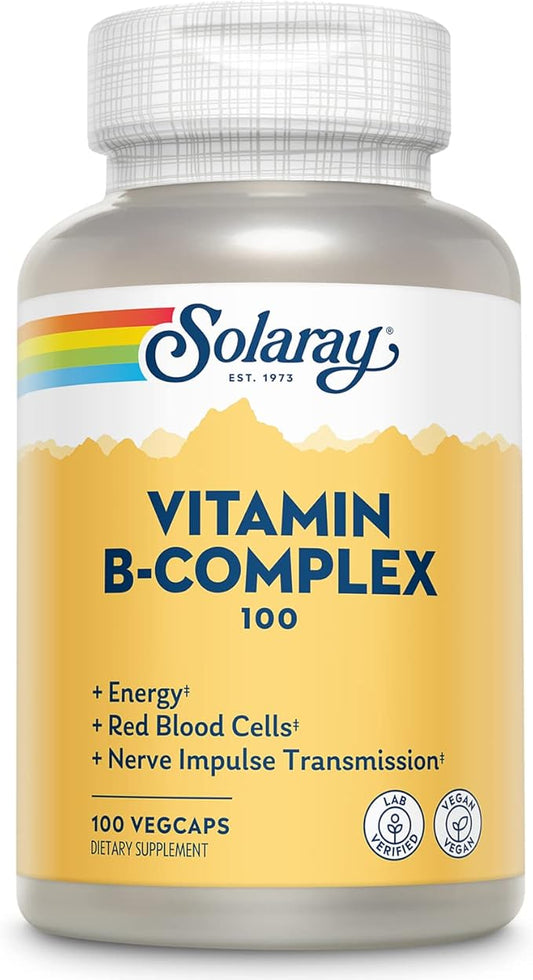 SOLARAY Vitamin B Complex, Healthy Energy Supplement, Red Blood Cell Formation, Nerve & Immune Support, Super B Complex Vitamins with Folic Acid, Vitamin B12, Vitamin B6 & More, Vegan, 100 VegCaps