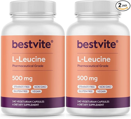 BESTVITE L-Leucine 500mg per Capsule (480 Vegetarian Capsules) (240x2) - No Stearates - No Fillers - No Flow Agents - Vegan - Non GMO - Gluten Free