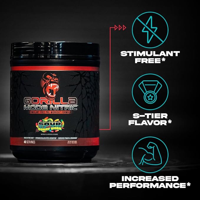 Gorilla Mode Nitric Upgraded Stimulant Free Pre-Workout – Best Tasting and Most Effective Stimulant Free Pre-Workout/Massive Pumps · Vasodilation · Power / 776 Grams (Cherry Blackout)