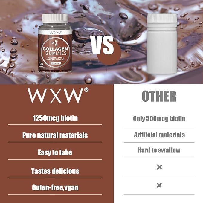 WXW Hydrolyzed Collagen Peptides Gummies for Women, Non-GMO Anti-Aging Formula with Biotin, Zinc, Vitamins C & E for Hair, Skin and Nails | 60ct,Vanilla Unflavored