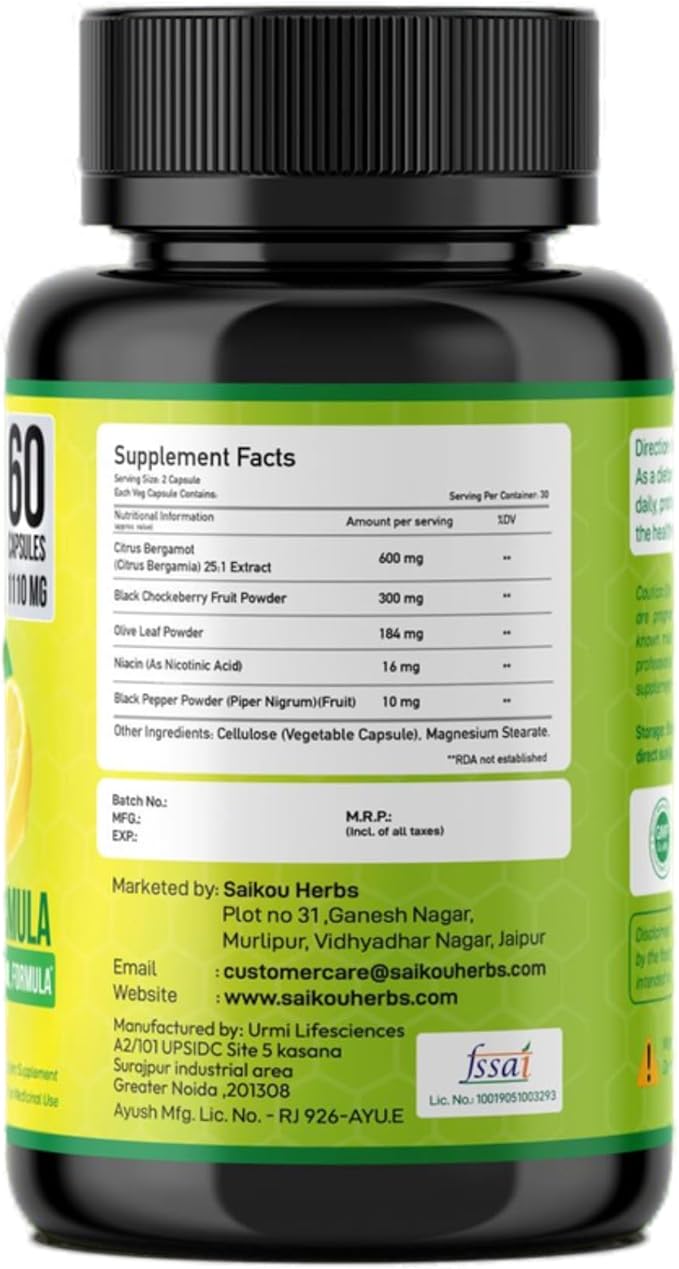 Citrus Bergamot 1110mg - 25:1 Extract - High Potency Supplement with Black Choke Berry, Niacin, Olive Leaf & Black Pepper Extract - Vegan - 60 Capsules