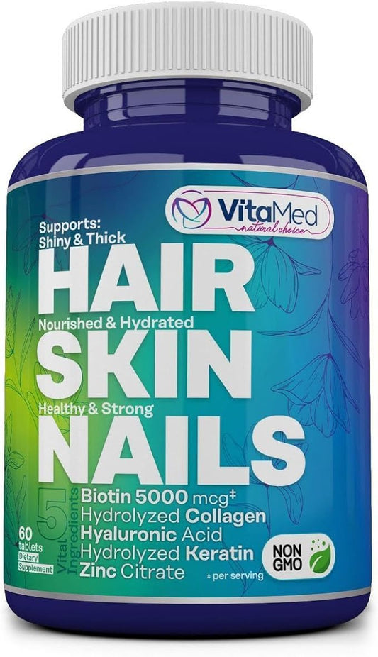 Hair, Skin, and Nails Vitamins – Complete Formula with Biotin 5000mcg, Collagen, Zinc, Keratin, and Hyaluronic Acid for Hair Growth, Strong Nails, and Glowing Skin – 60 Tablets