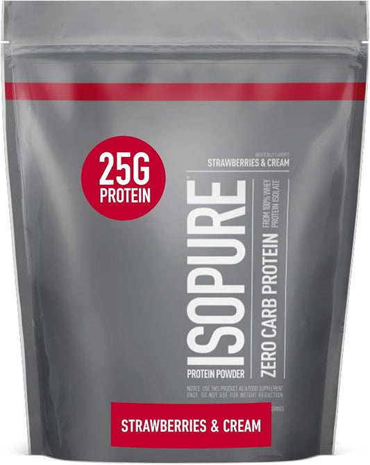 Isopure Zero Carb 100% Pure Whey Isolate Protein Powder, Lactose Free, Gluten Free, With Vitamins, Strawberries & Cream, 25g Protein Per Serving, 1 Lb, 15 Servings