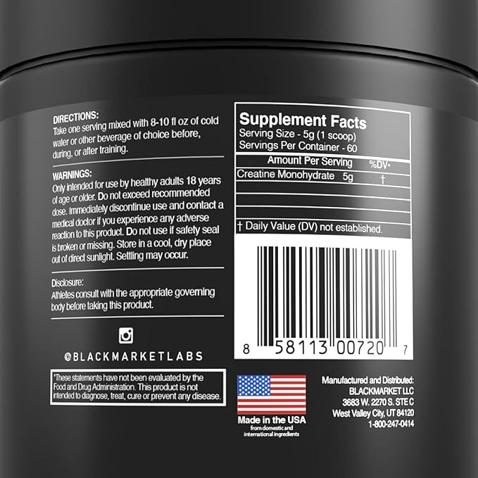 BLACKMARKET RAW Creatine - Workout Powder Drink Mix for Men & Women, Improve Muscle Size, Strength, Definition, Provides Rapid Absorption & Improves Performance, 300 Grams