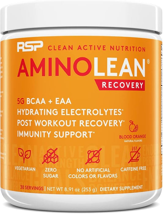 RSP AminoLean Recovery - Post Workout BCAAs Amino Acids Supplement + Electrolytes, BCAAs and EAAs for Hydration Boost, Immunity Support - Muscle Recovery Drink, Vegan Aminos, Blood Orange…