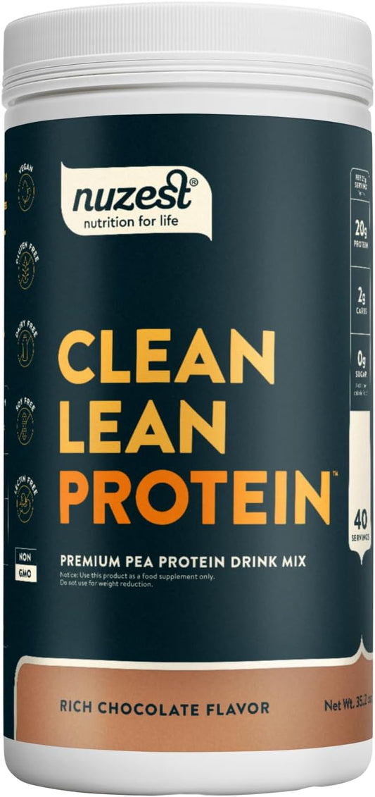 Nuzest - Pea Protein Powder - Clean Lean Protein, Premium Vegan Plant Based Protein Powder, Dairy Free, Gluten Free, GMO Free, Protein Shake, Rich Chocolate, 40 Servings, 2.2 lb