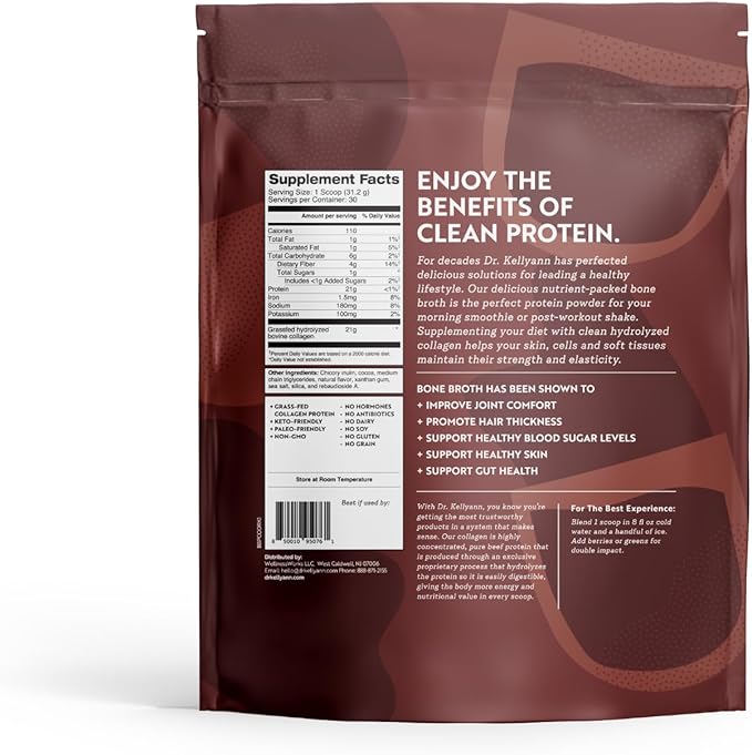 Dr. Kellyann Keto Bone Broth Protein Powder Chocolate - Protein 21g, 2g Net Carbs - Grass Fed Hydrolyzed Collagen - Sugar, Gluten and Dairy Free, Paleo, Keto Protein Shakes (30 Servings)
