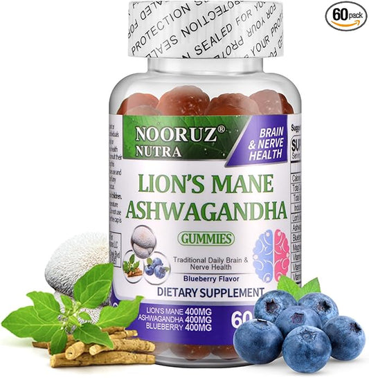 Ashwagandha & Lion's Mane Mushroom& Blueberry Gummies Vegan | Plant-Based Extracts | Non-GMO | Gluten-Free | Gelatin-Free Supports Cognitive and Memory Health