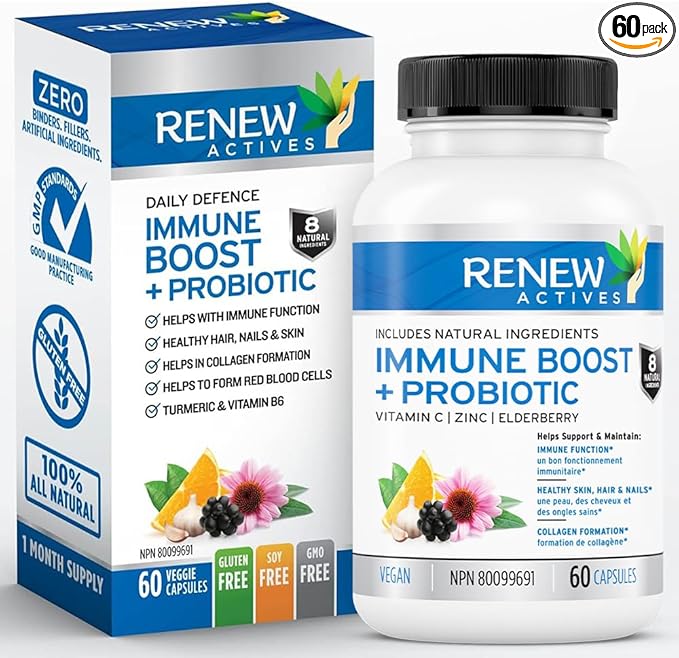 RENEW ACTIVES Antioxidant – Elderberry, Probiotics, Zinc, Vitamin C & Organic Turmeric 700MG per 2 Capsules – For Immune Function, Collagen Formation, & Overall Wellness – Made in Canada - 60 Capsules