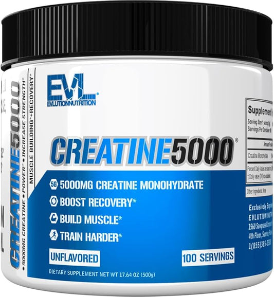 Evlution Nutrition Creatine 5000 - Supports Faster Recovery, Lean Muscle Growth & Performance - Pre & Post Workout Powder - 5000mg Pure Creatine Monohydrate Per Serving - 100 Servings - Unflavored