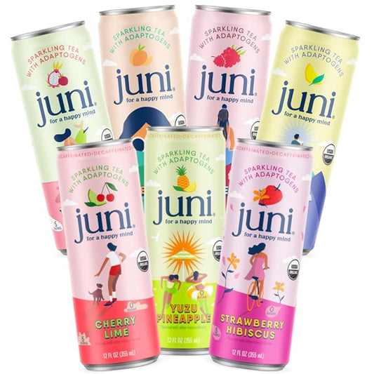Juni Sparkling Adaptogen Drink with Ashwagandha, Lion's Mane & Reishi Mushrooms | Green Tea for Focus | Zero Sugar, 5 Calories | All Flavors 24-Pack