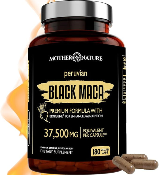 Mother Nature 37,500mg 50x Strength Organic Highly Concentrated Peruvian Black Maca Root Capsules for Men 100% Pure Maca Peruana 50:1 Extract to Boost Stamina, Enegy, Muscle Gain - 180ct