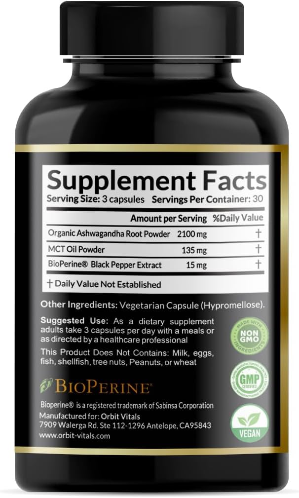 Organic Ashwagandha, 2250 mg - Premium Ashwagandha Root Extract with MCT Oil Powder & Black Pepper for Superior Absorption - Improves Focus, Mood Support, Increase Energy, Strength - 90 Capsules