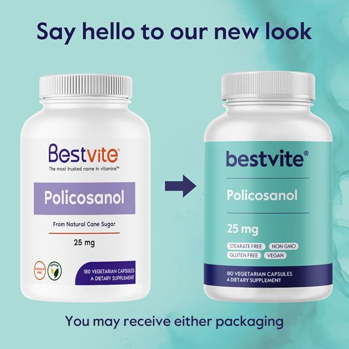 BESTVITE Policosanol 25mg (360 Vegetarian Capsules) (180 x 2) - No Stearates - No Flow Agents - Vegan - Non GMO - Gluten Free