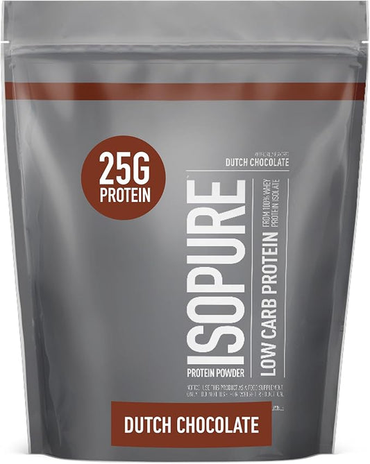 Isopure Low Carb 100% Pure Whey Isolate Protein Powder, Lactose Free, Gluten Free, With Vitamins, Dutch Chocolate, 25g Protein Per Serving, 1 Lb, 14 Servings