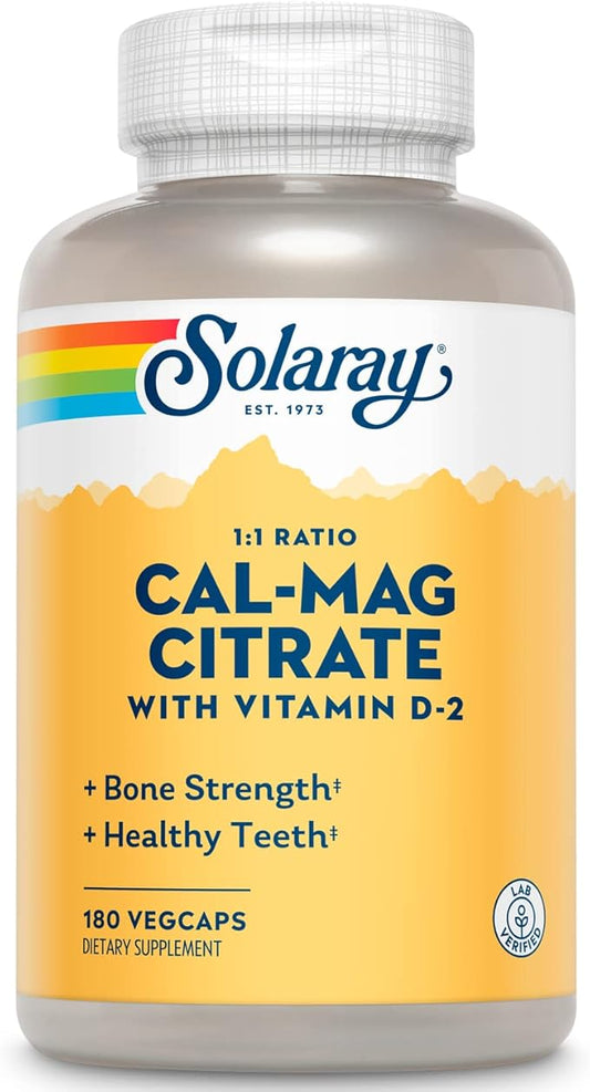 SOLARAY Calcium Magnesium Citrate 1:1 Ratio w/Vitamin D 2 - Calcium Supplements for Women and Men - Calcium 1000mg, Magnesium 1000mg - Bone Health Support - 60-Day Guarantee, 30 Servings, 180 VegCaps