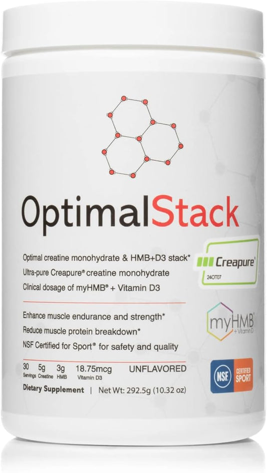 OptimalStack Creatine Monohydrate, HMB, & Vitamin D3 Stack | with Creapure Creatine, Clinical Dosage of myHMB, and Vitamin D3 | NSF for Sport Certified | Unflavored, 30 Servings
