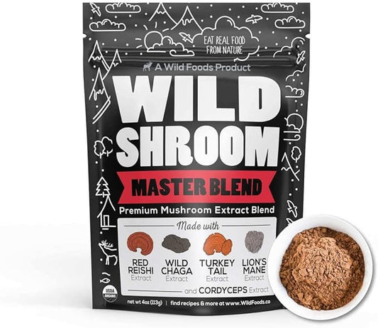Wild Foods Wild Mushroom Blend-Supercharged Reishi, Chaga, Cordyceps, Turkey Tail and Lion’s Mane - 4Oz Pack- Adaptogenic Stress Reducer for Increased Mental Clarity-Nootropic Liquid Blend for Coffee