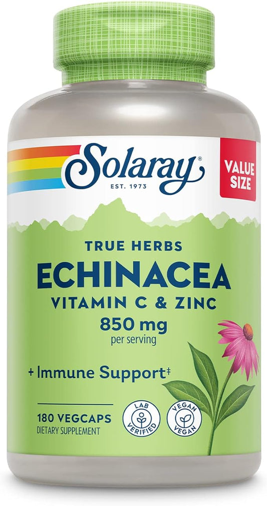 SOLARAY Echinacea Vitamin C & Zinc 850mg Plus Bioflavonoids, Echinacea Capsules for Healthy Immune Support, Vegan, Lab Verified, 60-Day Money-Back Guarantee, 90 Servings, 180 VegCaps