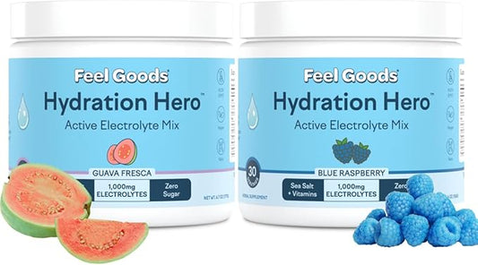 Feel Goods Hydration Hero Electrolyte Powder Bundle, 1,000mg, Magnesium, Organic Aloe Vera, L-Theanine, Vitamin C & B12, Sugar-Free, Keto, Non-GMO – Blue Raspberry & Guava Fresca 60 Servings