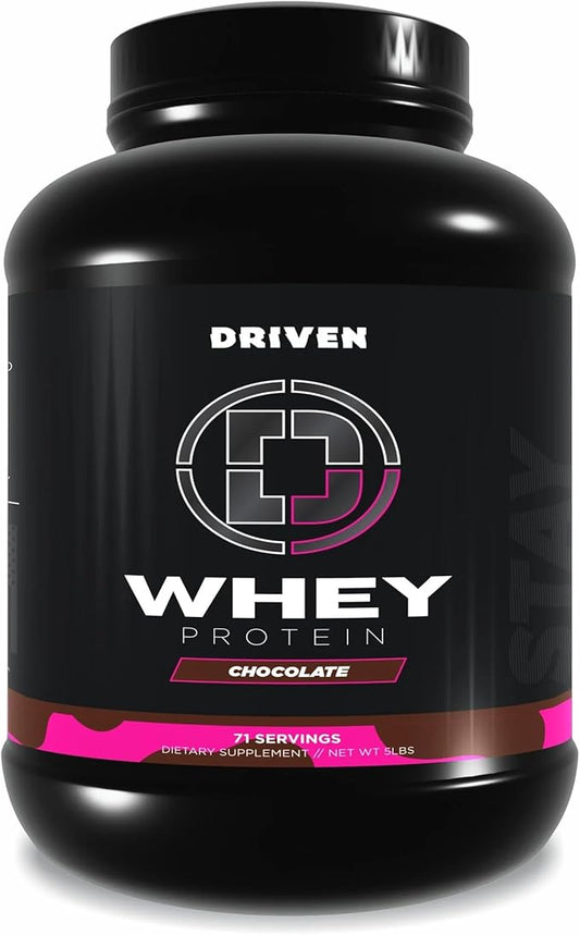 Driven WHEY- Grass Fed Whey Protein Powder: Delicious, Clean Protein Shake- Improve Muscle Recovery with 23 Grams of Protein with Added BCAA and Digestive Enzymes (5lb, Chocolate Milkshake)