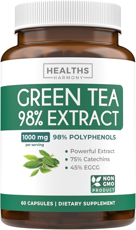 Green Tea Extract Capsules 98% with EGCG (Non-GMO) for Natural Metabolism Boost - Leaf Polyphenol Catechins - Antioxidant Supplement - Green Tea Pills - 1000mg (500mg per Capsule) - 60 Capsules