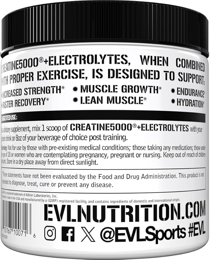 Evlution Nutrition Creatine 5000 + Electrolytes - Supports Faster Recovery, Lean Muscle Growth & Hydration - 5g Creatine Monohydrate & 6 Key Electrolytes Per Serving - 40 Servings - Unflavored Powder