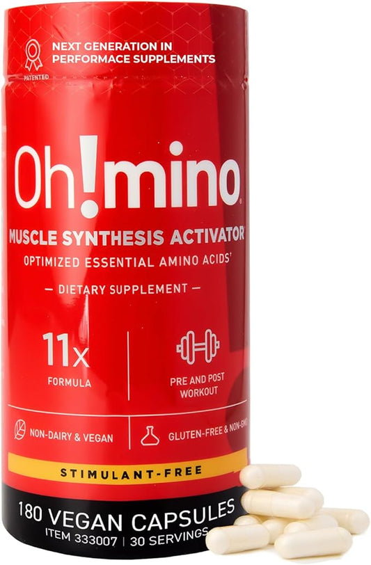 Oh!mino Amino Acids Supplement for Protein Synthesis - EAAs Capsules for Muscle Recovery, Pre & Post Workout - Non Caffeine, Non Dairy, Vegan, Zero Sugar & Net Carbs (180-Count, 30 Servings)