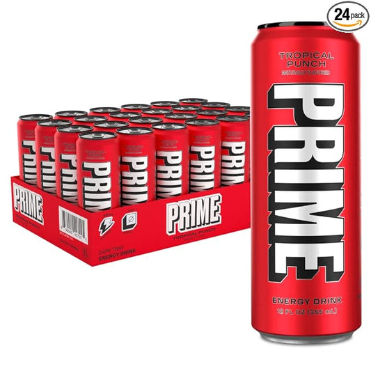 PRIME Energy TROPICAL PUNCH | Zero Sugar Energy Drink | Preworkout Energy | 200mg Caffeine with 355mg of Electrolytes and Coconut Water for Hydration| Vegan | Gluten Free |12 Fluid Ounce | 24 Pack