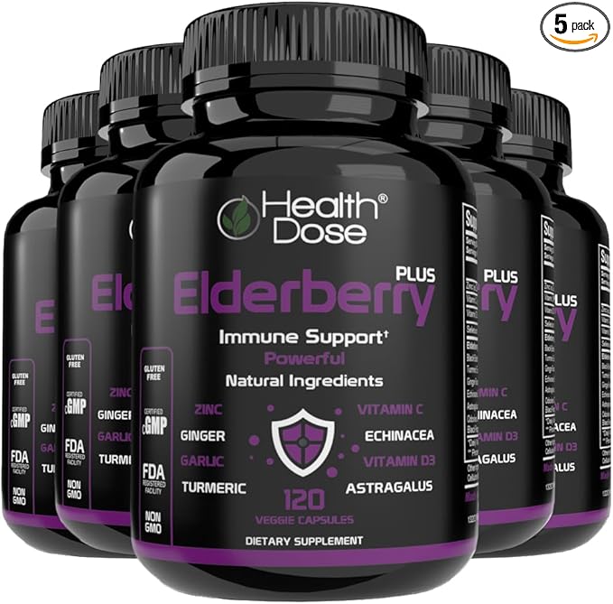 Elderberry Plus Capsules – Immune Support Supplement with Vitamins C, D3, Zinc, Selenium & 11 Ingredients for Year-Round Wellness – 120 Veggie Capsules, Pack of 5.