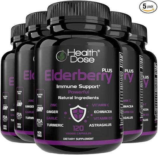Elderberry Plus Capsules – Immune Support Supplement with Vitamins C, D3, Zinc, Selenium & 11 Ingredients for Year-Round Wellness – 120 Veggie Capsules, Pack of 5.