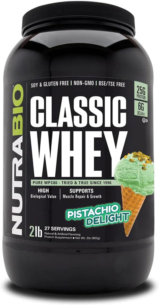 NutraBio Classic Whey Protein Powder- 25G Protein Per Scoop - Full-Spectrum Amino Acid Profile - No Fillers, Artificial Colors, Preservatives - (Pistachio Delight, 2 Pounds)
