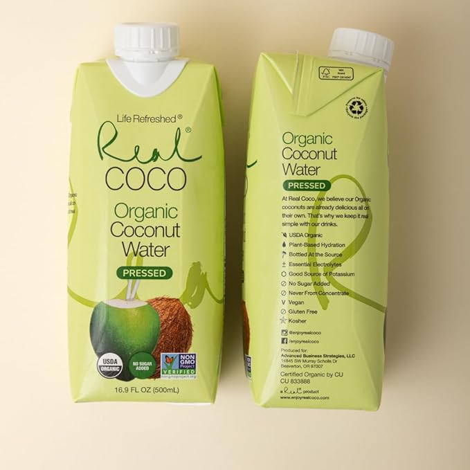Real Coco Organic Pressed Coconut Water (12-Pack 500mL), USDA Organic, No Sugar Added, Essential Electrolytes, Plant Based, NON GMO, Dairy & Soy Free