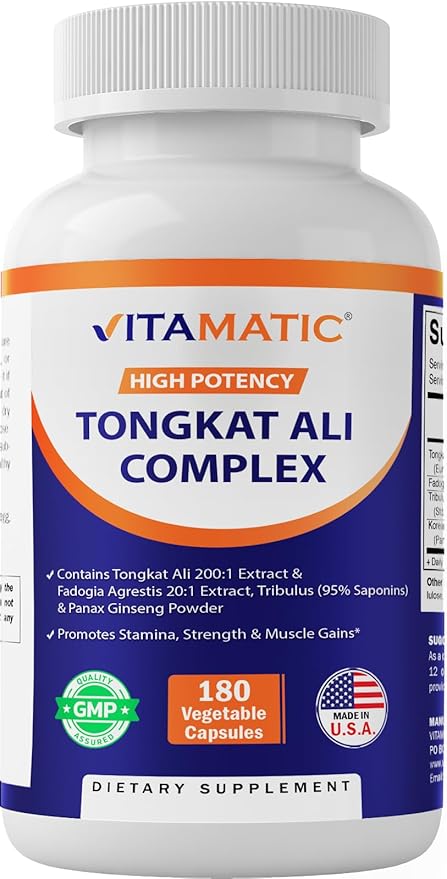 Vitamatic Tongkat Ali Extract 200 :1 Extract for Men (Longjack) Eurycoma Longifolia - 1800 mg Per Serving - Made with Fadogia Agrestis 20:1 Extract, Tribulus 95% & Panax Ginseng - 180 Capsules