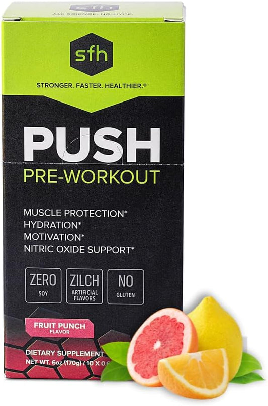 SFH Push Pre-Workout Powder (Fruit Punch) Best Tasting 5g BCAA's for Muscle Repair | Non-Dairy, No Artificial Flavors, Colors, or Sweeteners (Pack of 10 Single Serves)