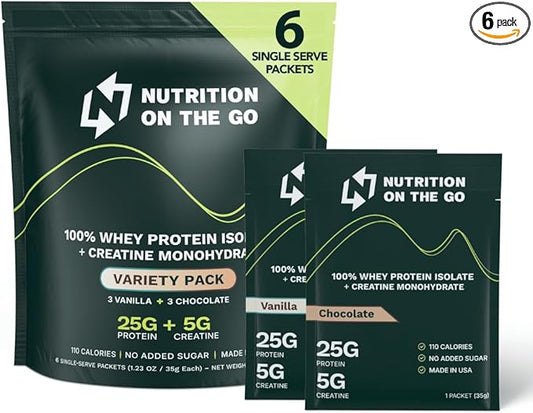 Variety Pack Whey Protein Powder with Creatine – 25g Protein, 5g Creatine – Single-Serve Packets for Travel, Gym, and On The Go – Easy Mix, Gluten-Free (6-Pack)