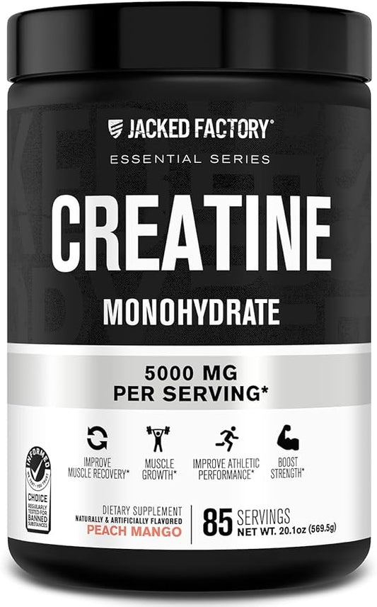 Jacked Factory Flavored Creatine Monohydrate Powder 425g - Creatine Supplement for Muscle Growth, Strength & Performance - 85 Servings, Peach Mango