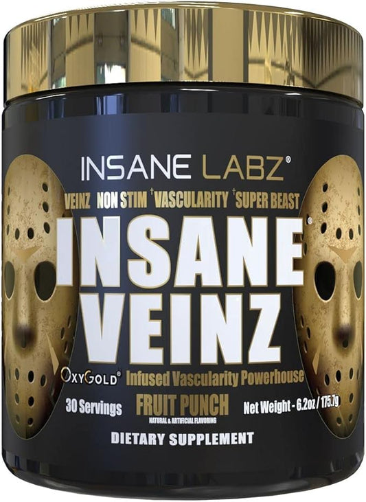 Insane Labz Insane Veinz Gold, Nitric Oxide Non Stimulant pre Workout Powder, Loaded with Hydromax, Nitrosigine, Increases Vascularity and Blood Flow, 30 Srvgs, Fruit Punch