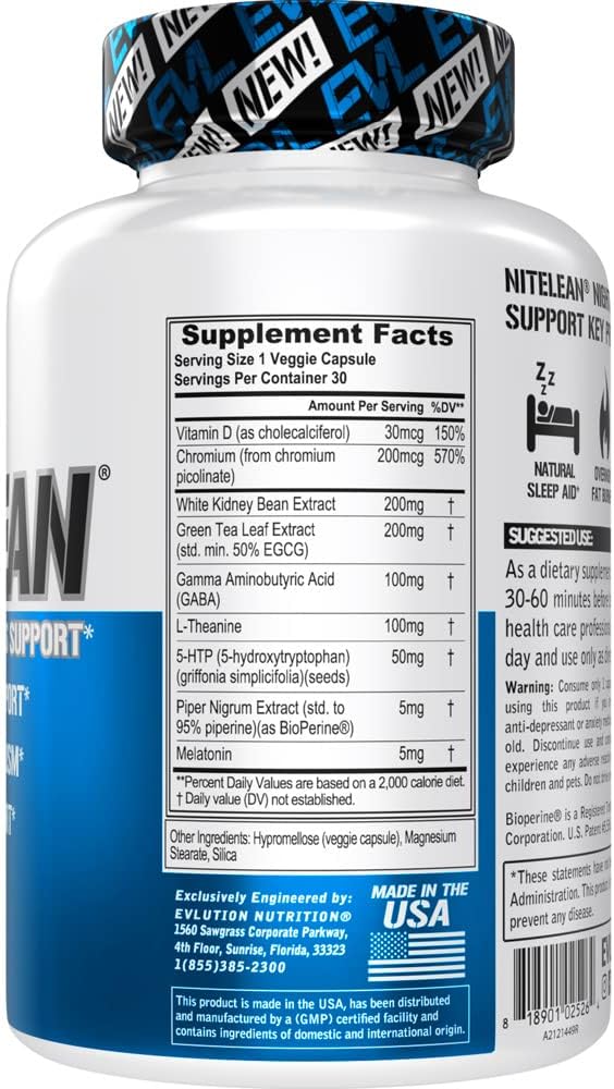 Evlution EVL Night Time Fat Burner Appetite Suppressant for Weight Loss Diet Pills - Natural Rest Aid, Metabolism Booster for Women & Men - NiteLean Weight Loss Supplements (30 Servings)