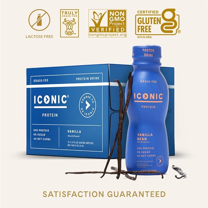 Iconic Protein Drinks, Vanilla Bean (12 Pack) - Sugar Free & Low Carb - 20g Grass Fed Protein - Lactose Free, Gluten Free, Non-GMO, Kosher - Keto Friendly Protein Shakes