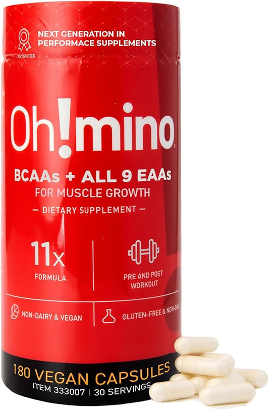 Oh!mino Amino Acids Supplement for Protein Synthesis - EAAs Capsules for Muscle Recovery, Pre & Post Workout - Caffeinated, Non Dairy, Vegan, Zero Sugar & Net Carbs (180-Count, 30 Servings)