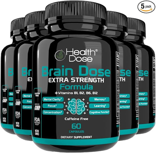Brain Dose Premium Nootropics - Caffeine-Free Extra Strength Formula for Men & Women - Supports Brain Health, Cognitive Focus & Memory Retention, Pack of 5.