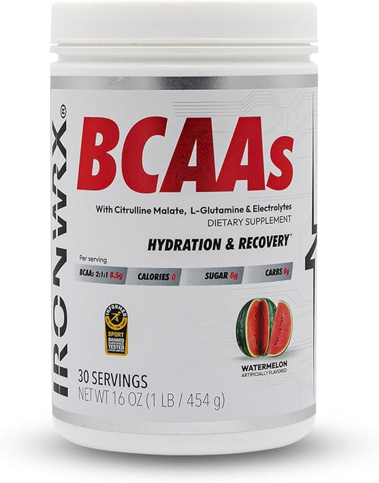 BCAA Powder | Watermelon Flavor | 30 SERVINGS | Zero Sugar | 2:1:1 Leucine, Valine, and Isoleucine Ratio with Citrulline Malate and L-Glutamine | Muscle Growth, Recovery, and Soreness Support