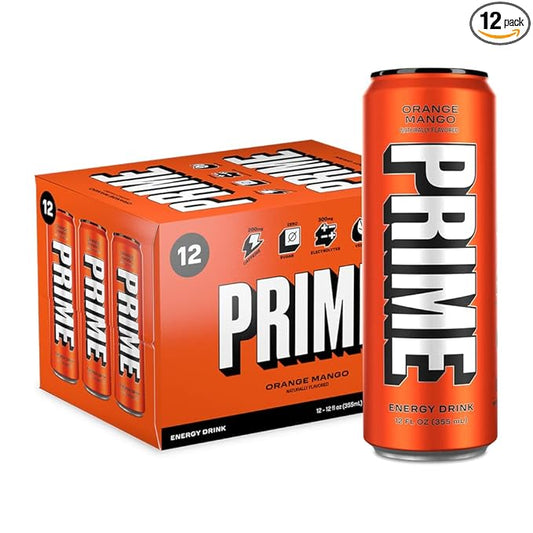 PRIME Energy ORANGE MANGO | Zero Sugar Energy Drink | Preworkout Energy | 200mg Caffeine with 355mg of Electrolytes and Coconut Water for Hydration| Vegan | Gluten Free |12 Fluid Ounce | 12 Pack