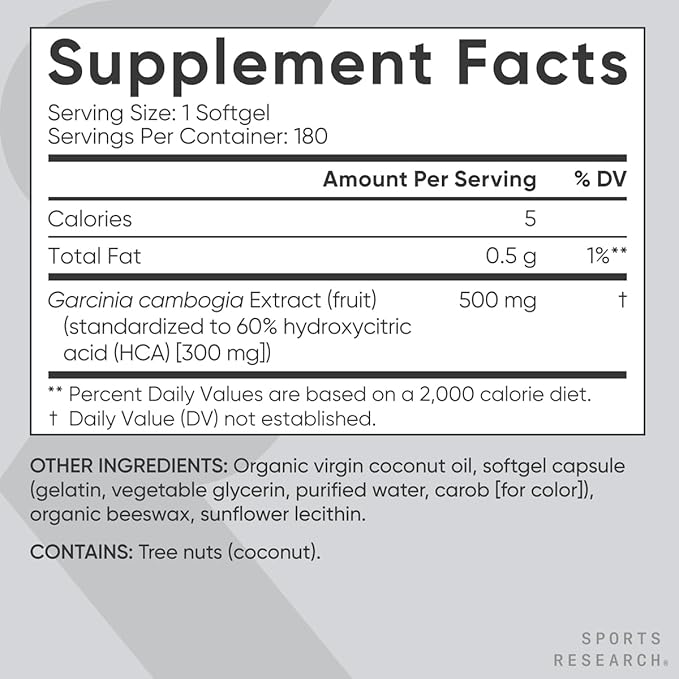Sports Research Garcinia Cambogia Extract (60% HCA) with Extra Virgin Organic Coconut Oil | Non-GMO, Soy & Gluten Free (180 Liquid Softgels)