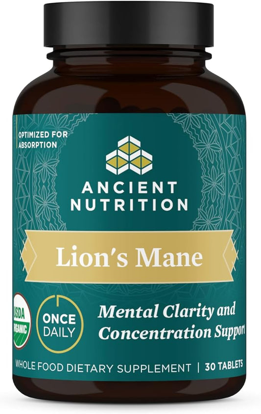 Organic Lion's Mane Mushroom Supplement with Ashwagandha by Ancient Nutrition, Organic Lion's Mane Supports Healthy Energy and Concentration, Reduces Fatigue, Gluten Free and Keto Friendly, 30 Tablets
