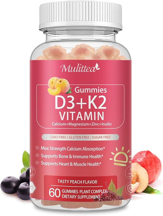 Vitamin D3 10000 IU + K2 (MK7) 200mcg w/Calcium Magnesium Zinc Elderberry & Inulin-Highly Bioavailable-Enhanced Absorption for Immune & Bone Support- K2 D3 Vitamin Supplement-Vegan Gummies