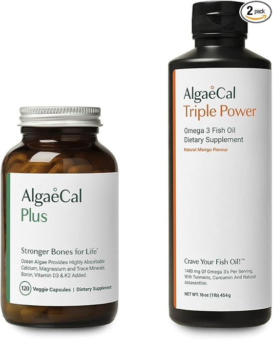 AlgaeCal Bundle - All Natural Calcium Supplement VIT D3 & K2, Magnesium, Boron and Trace Minerals & Triple Power Omega-3 Fish Oil Natural Liquid Emulsion with EPA DHA Curcumin, Astaxanthin