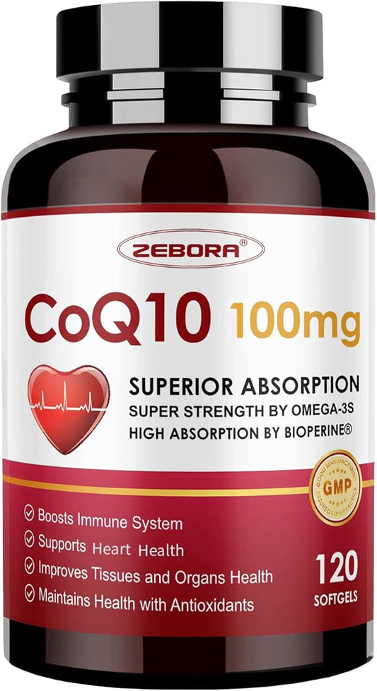 CoQ10-100mg-Softgels with PQQ, BioPerine & Omega-3, High Absorption Coenzyme Q10 Supplement, Powerful-Antioxidant, Support Heart & Energy-Production 120 Servings, Non-GMO