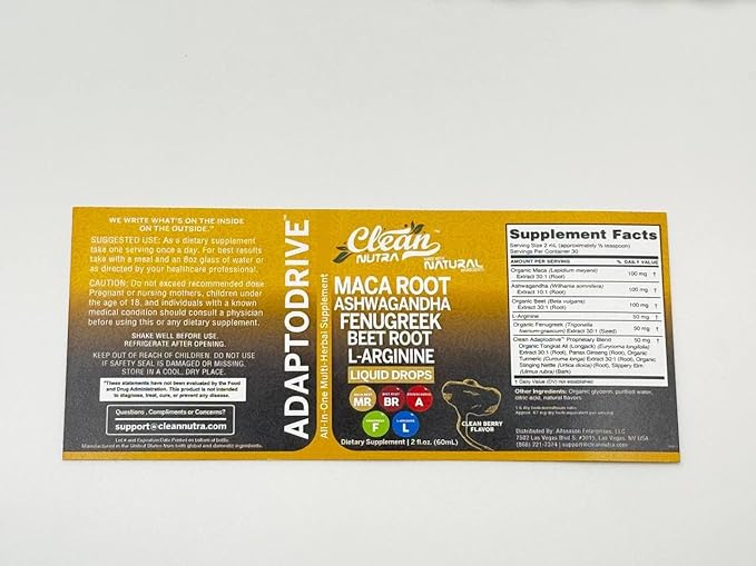 Clean Nutra Organic Maca Root Liquid Drops with Ashwagandha, Fenugreek, Beet Root and L-Arginine Liquid Multivitamin for Women and Men - Adapto Drive